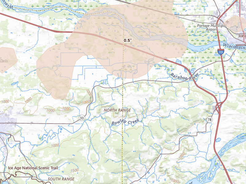 Radar-estimated hail-size map of the storm over Baraboo, WI on Apr 13, 2026