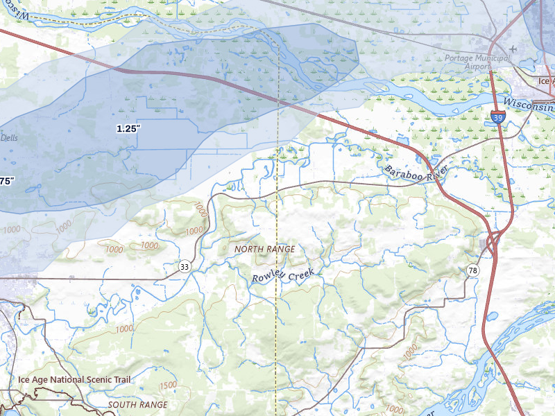 NEXRAD radar-signature map of the hail over Baraboo, WI