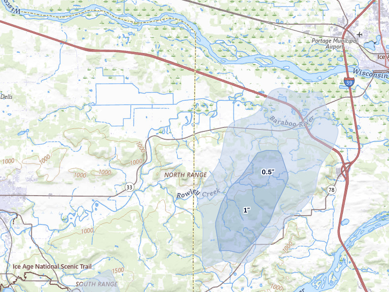 NEXRAD radar-signature map of the hail over Baraboo, WI