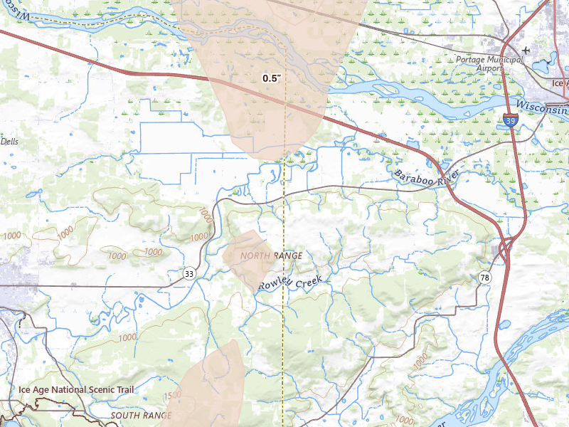 Radar-estimated hail-size map of the storm over Baraboo, WI on May 27, 2026
