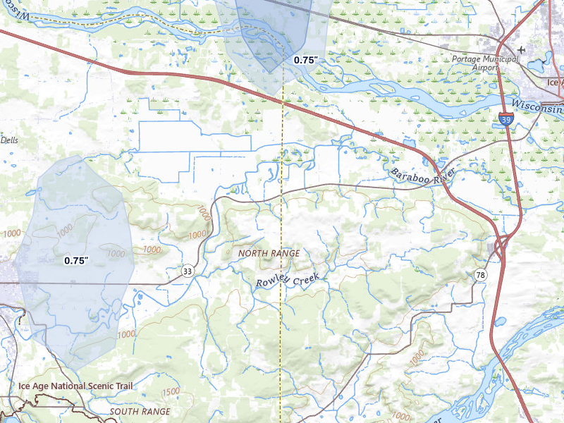 NEXRAD radar-signature map of the hail storm over Baraboo, WI on May 27, 2026