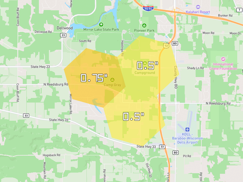 Hail map of Baraboo, WI on Jul 1, 2026, hail up to 0.75"