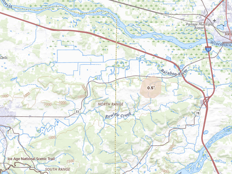 Radar-estimated hail-size map of the storm over Baraboo, WI on Aug 21, 2026