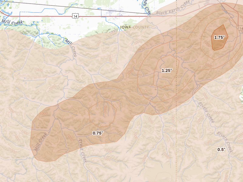Radar-estimated hail-size map of the storm over Barneveld, WI