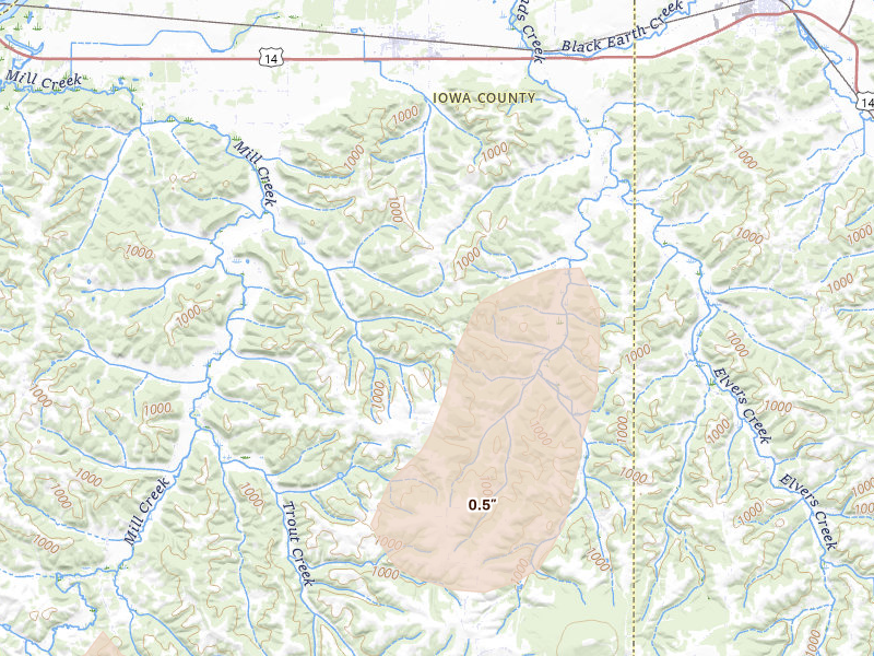 Radar-estimated hail-size map of the storm over Barneveld, WI on Jun 10, 2026