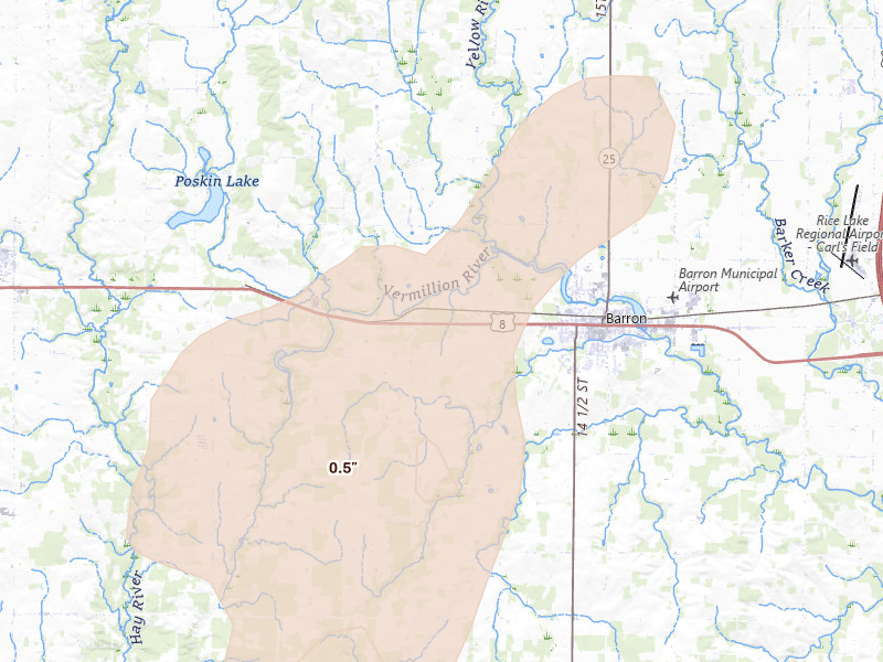 Radar-estimated hail-size map of the storm over Barron, WI on Jun 9, 2026