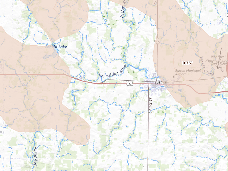 Radar-estimated hail-size map of the storm over Barron, WI on Jul 17, 2026