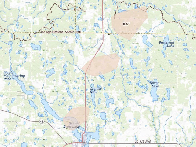 Radar-estimated hail-size map of the storm over Barronett, WI on Apr 17, 2026