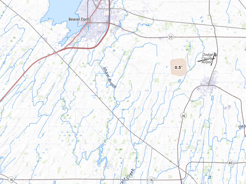 Radar-estimated hail-size map of the storm over Beaver Dam, WI on May 17, 2026