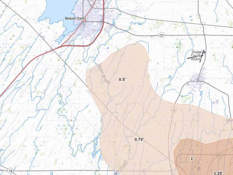 Radar-estimated hail-size map of the storm over Beaver Dam, WI on Jul 27, 2026