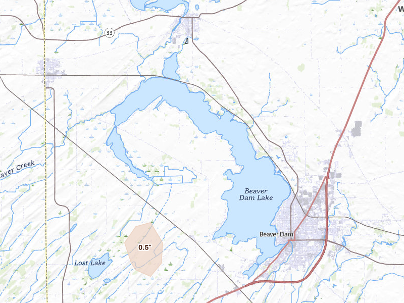 Radar-estimated hail-size map of the storm over Beaver Dam, WI on Aug 21, 2026