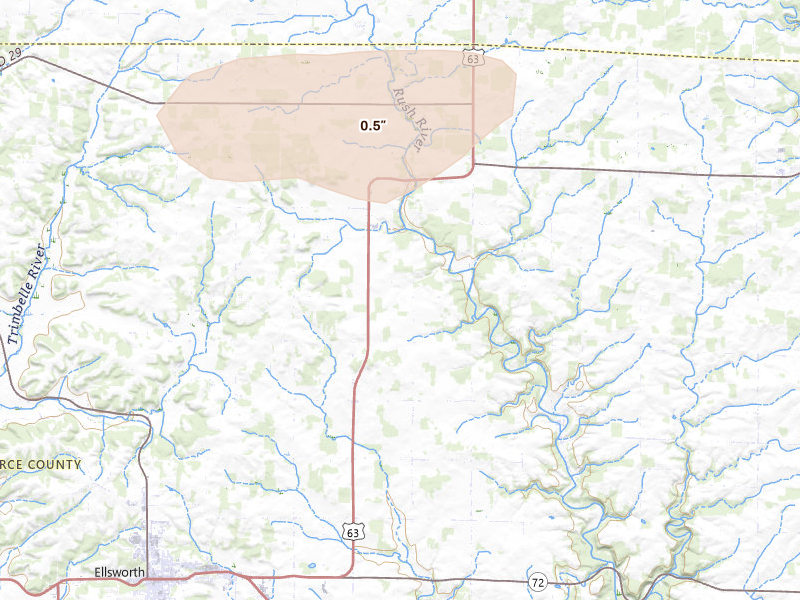 Radar-estimated hail-size map of the storm over Beldenville, WI on Jun 19, 2026