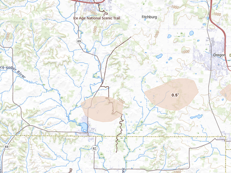 Radar-estimated hail-size map of the storm over Belleville, WI on Aug 9, 2026