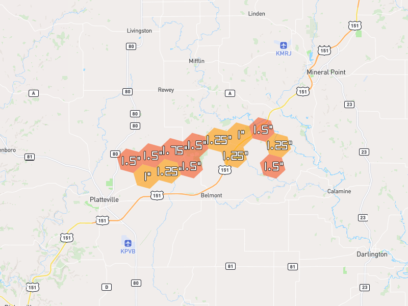 Hail map of Belmont, WI on Jul 2, 2026, hail up to 1.75"