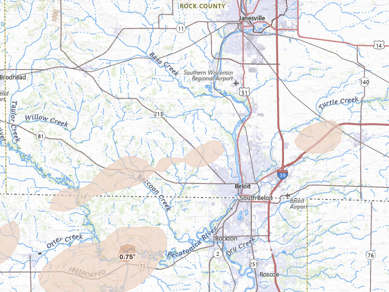 Radar-estimated hail-size map of the storm over Beloit, WI on Mar 10, 2026