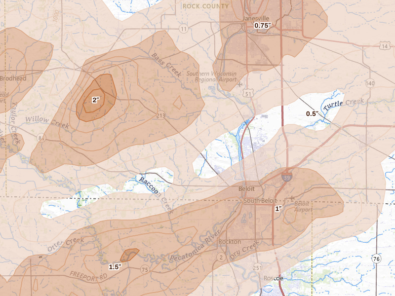 Radar-estimated hail-size map of the storm over Beloit, WI on Apr 17, 2026