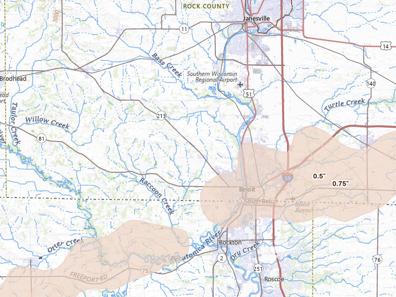 Radar-estimated hail-size map of the storm over Beloit, WI on Jul 3, 2026