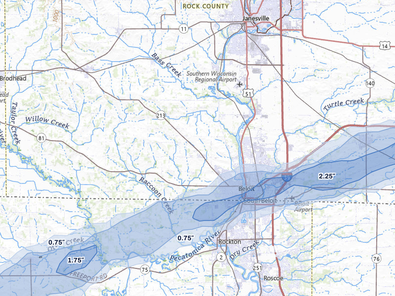 NEXRAD radar-signature map of the hail storm over Beloit, WI on Jul 3, 2026