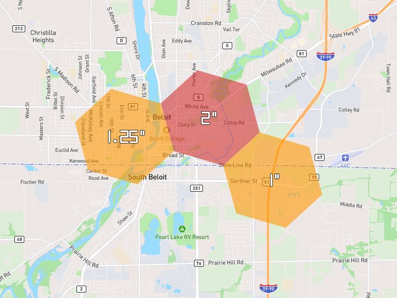 Hail map of Beloit, WI on Jul 3, 2026, hail up to 2"
