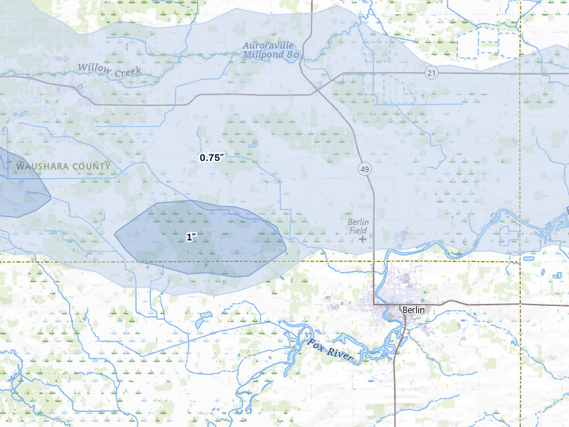 NEXRAD radar-signature map of the hail over Berlin, WI