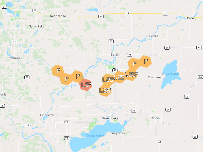 Hail map of Berlin, WI on Jul 1, 2026, hail up to 1.5"