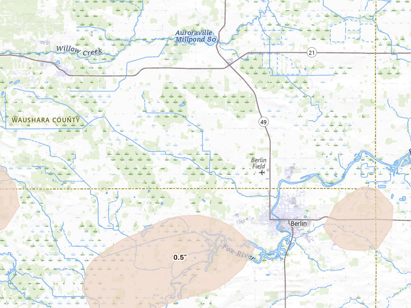 Radar-estimated hail-size map of the storm over Berlin, WI on Sep 1, 2026