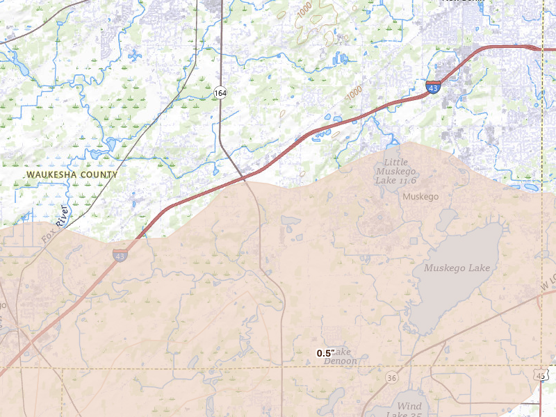 Radar-estimated hail-size map of the storm over Big Bend, WI on Apr 17, 2026