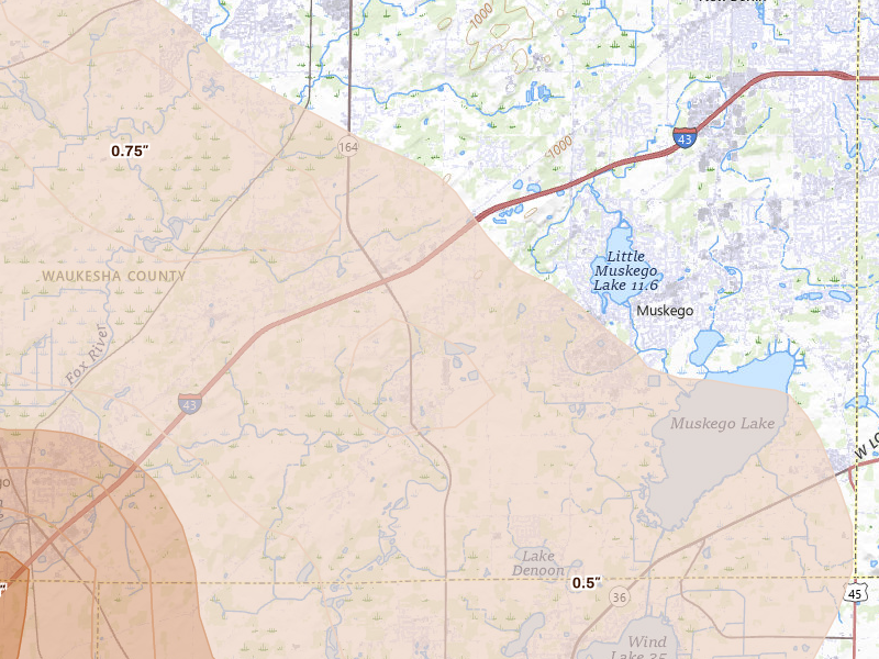 Radar-estimated hail-size map of the storm over Big Bend, WI on Jul 27, 2026