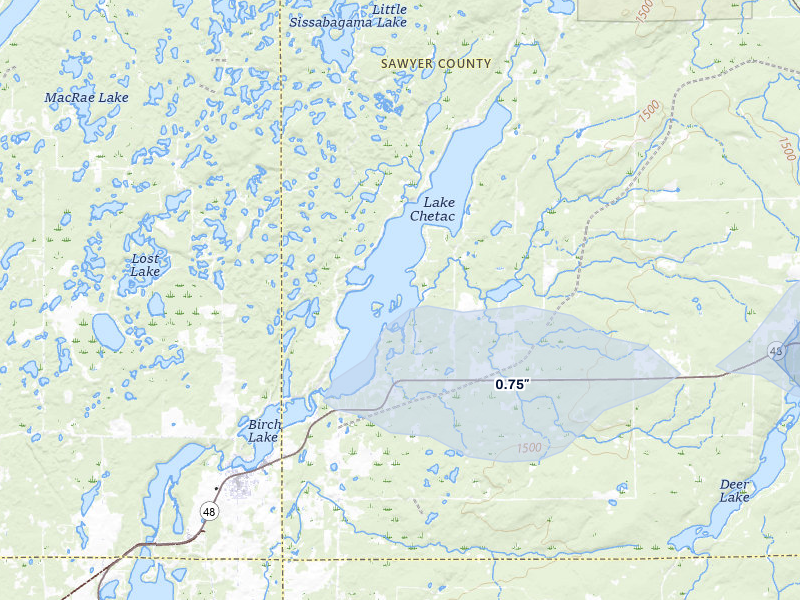 NEXRAD radar-signature map of the hail storm over Birchwood, WI on Jul 7, 2026