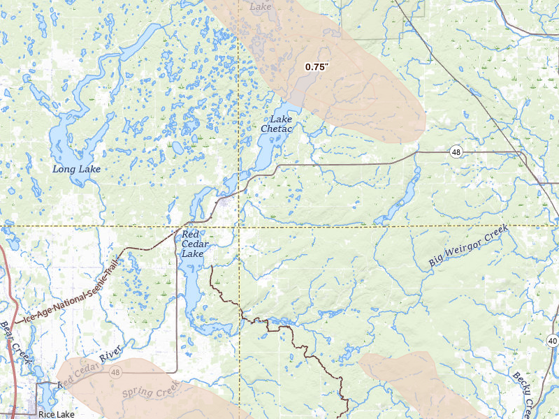 Radar-estimated hail-size map of the storm over Birchwood, WI on Jul 17, 2026