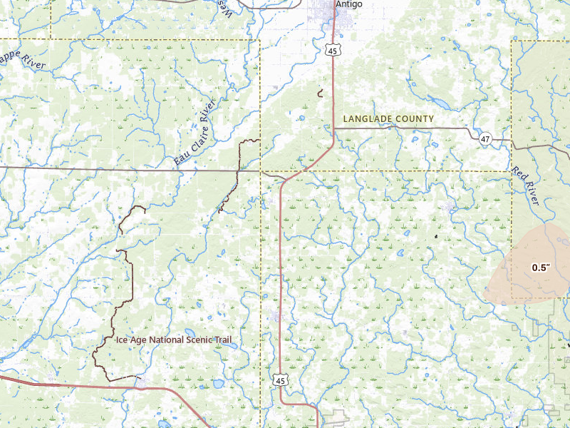 Radar-estimated hail-size map of the storm over Birnamwood, WI on Apr 13, 2026