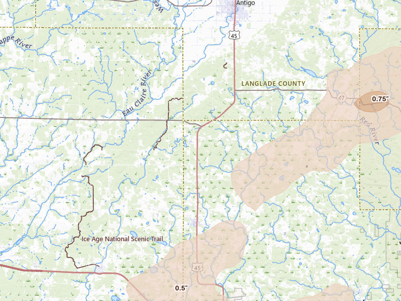 Radar-estimated hail-size map of the storm over Birnamwood, WI on Jun 30, 2026