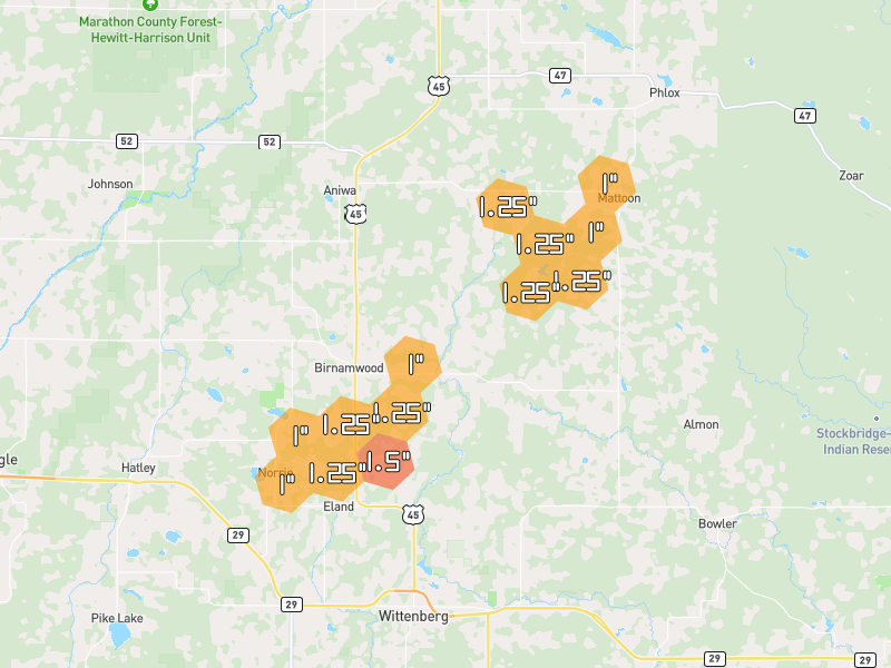 Hail map of Birnamwood, WI on Jun 30, 2026, hail up to 1.5"