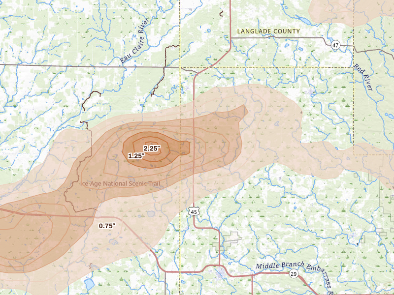 Radar-estimated hail-size map of the storm over Birnamwood, WI on Aug 11, 2026