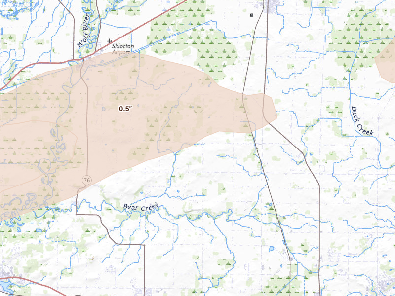Radar-estimated hail-size map of the storm over Black Creek, WI on Jun 30, 2026
