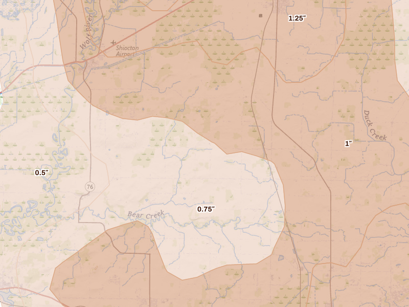 Radar-estimated hail-size map of the storm over Black Creek, WI on Jul 27, 2026