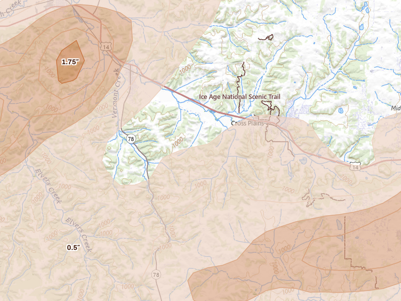 Radar-estimated hail-size map of the storm over Black Earth, WI