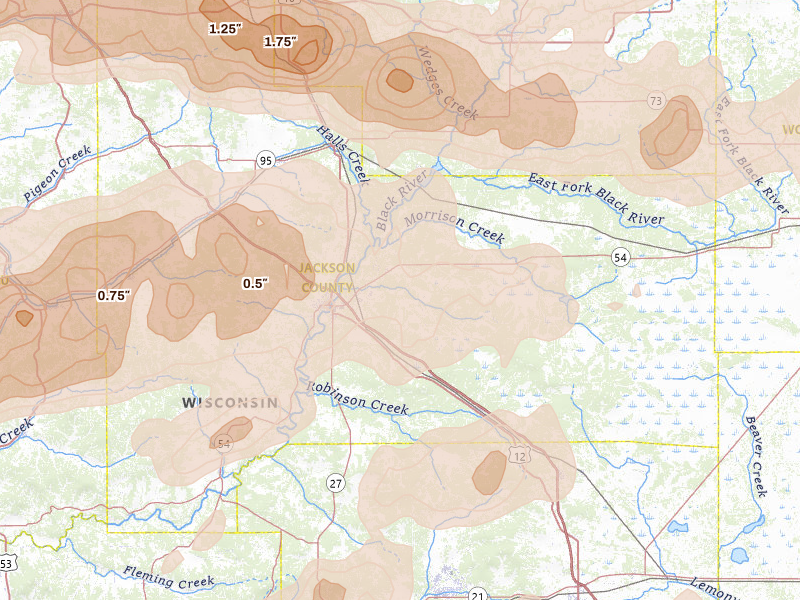 Radar-estimated hail-size map of the storm over Black River Falls, WI on Apr 13, 2026