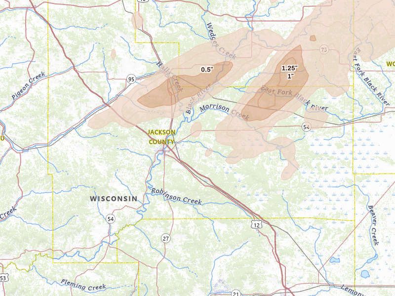 Radar-estimated hail-size map of the storm over Black River Falls, WI on Apr 17, 2026