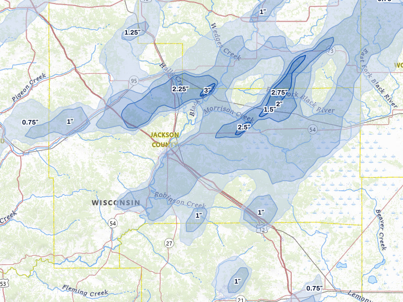 NEXRAD radar-signature map of the hail over Black River Falls, WI
