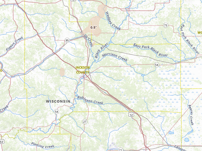 Radar-estimated hail-size map of the storm over Black River Falls, WI on May 17, 2026
