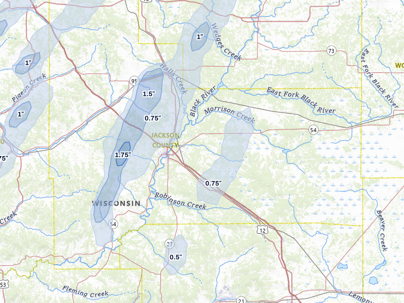 NEXRAD radar-signature map of the hail storm over Black River Falls, WI on May 17, 2026