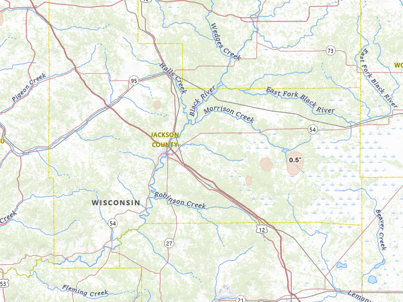 Radar-estimated hail-size map of the storm over Black River Falls, WI on May 18, 2026