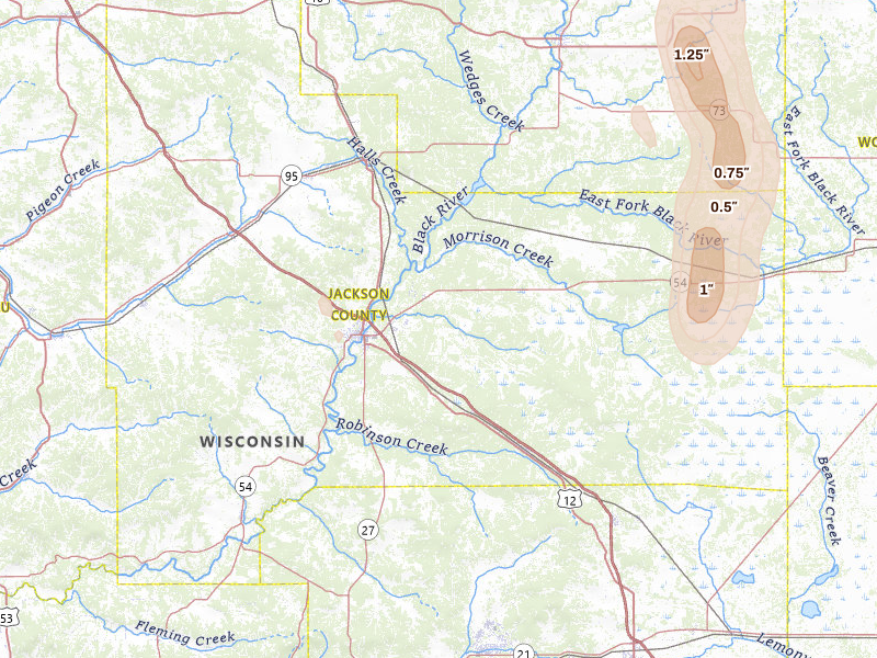 Radar-estimated hail-size map of the storm over Black River Falls, WI on May 27, 2026