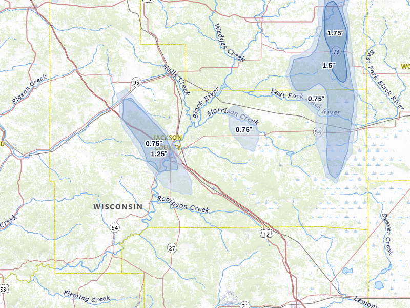 NEXRAD radar-signature map of the hail storm over Black River Falls, WI on May 27, 2026