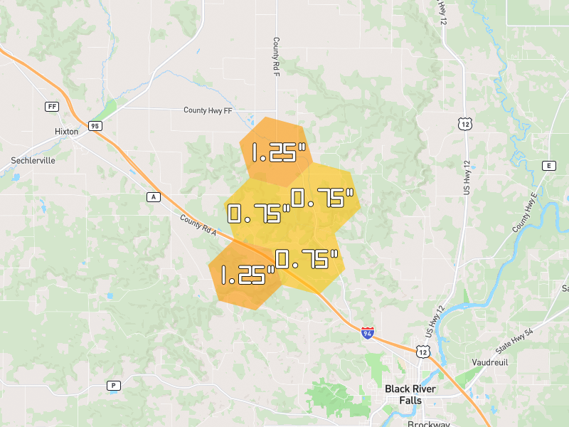 Hail map of Black River Falls, WI on Jun 6, 2026, hail up to 1.25"