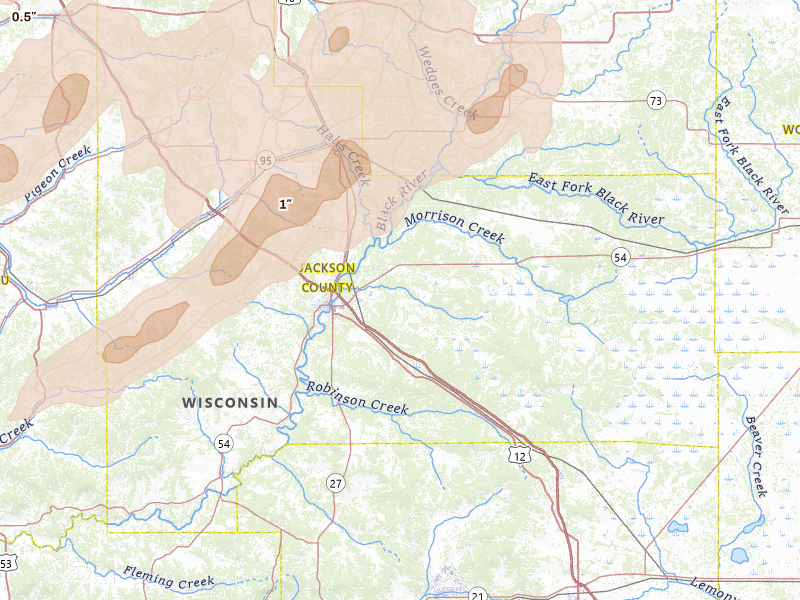 Radar-estimated hail-size map of the storm over Black River Falls, WI on Jun 9, 2026
