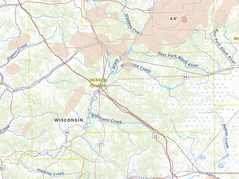 Radar-estimated hail-size map of the storm over Black River Falls, WI on Jun 10, 2026