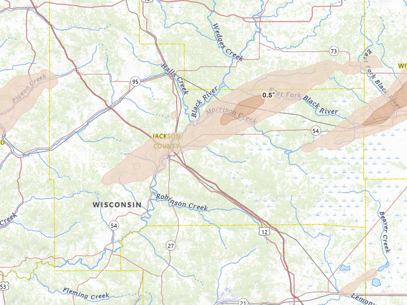 Radar-estimated hail-size map of the storm over Black River Falls, WI on Jun 30, 2026
