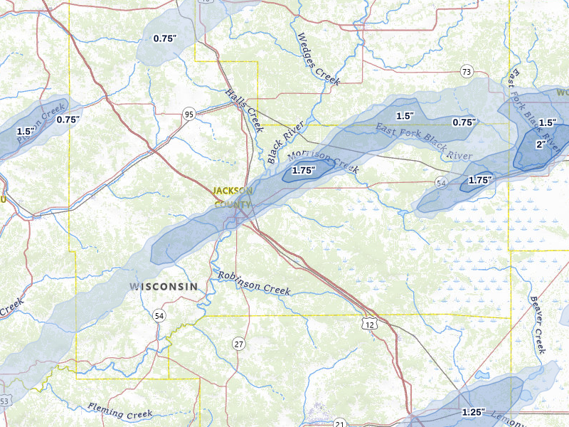 NEXRAD radar-signature map of the hail storm over Black River Falls, WI on Jun 30, 2026